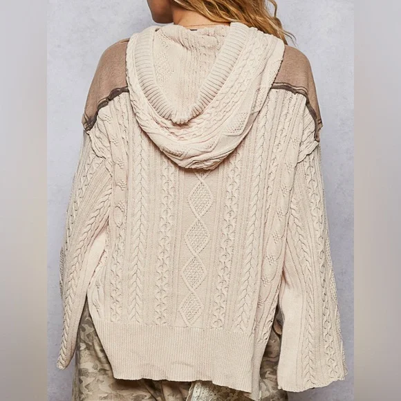 NWT POL Lace Up Front Contrast Cable Knit Hoodie Sweater Pullover Oatmeal - Picture 7 of 7